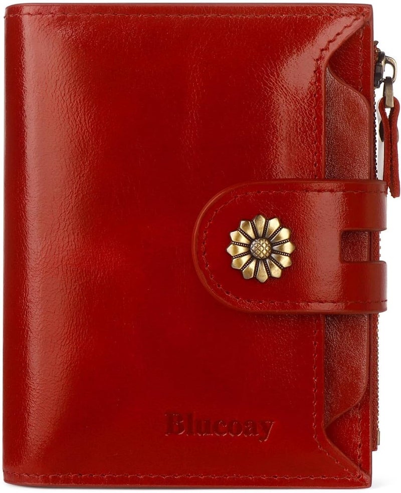 Blucoay Leather Wallet Women,RFID Blocking Womens Wallet Bifold Compact Card Holder Small Wallet for Women with Removable ID Window Winered - Image 1